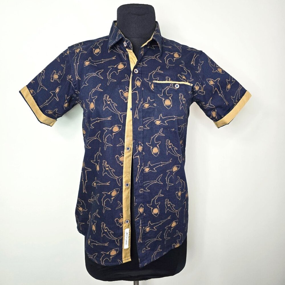 Craft + Flow Navy Blue Brown Button Down Short Sleeves Big Boy Shirt Size 10-12-